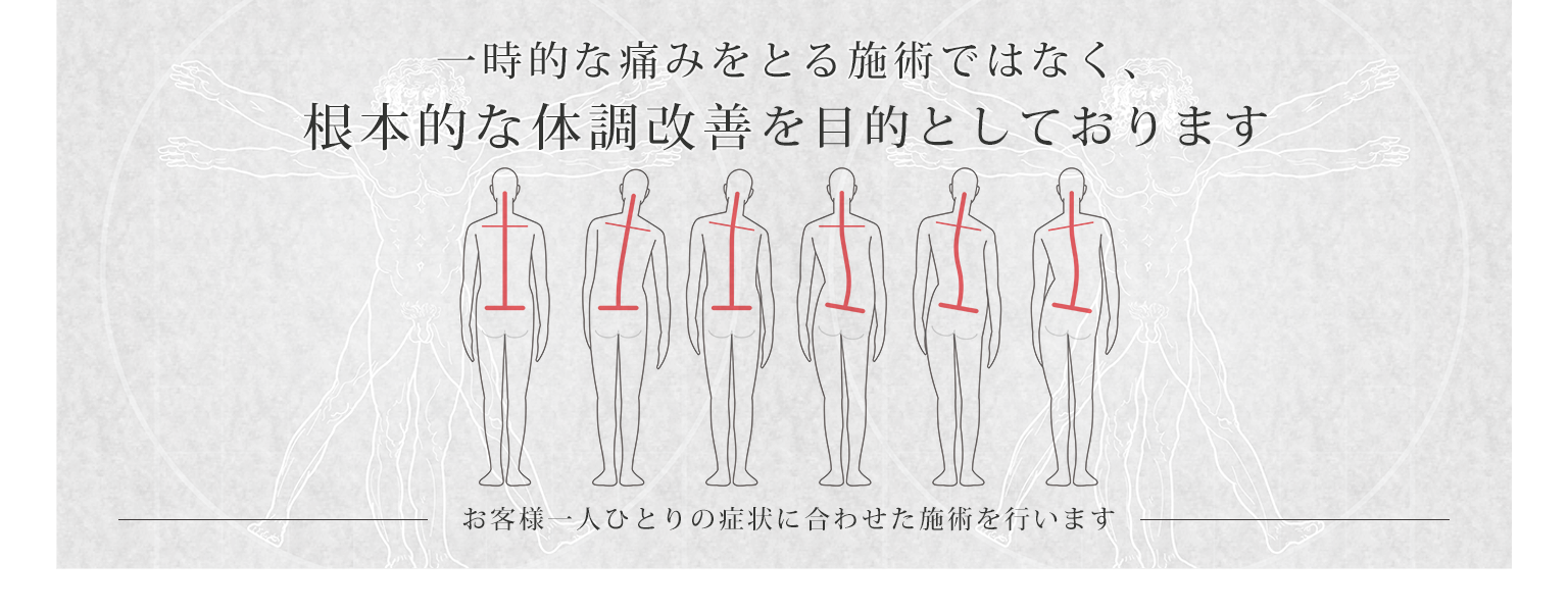 一時的な痛みをとる施術ではなく、根本的な体調改善を目的としております